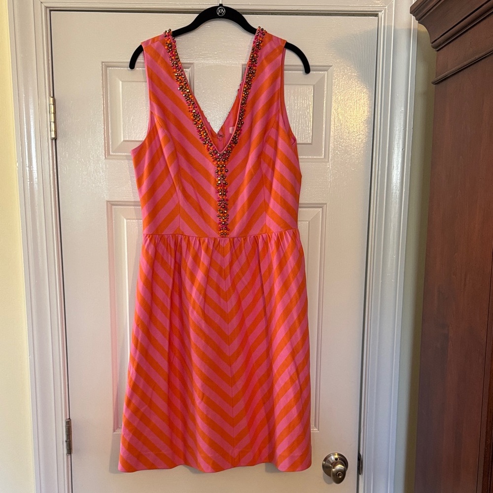 Lilly Pulitzer Hot Pink and Orange Striped Beaded V-Neck Mini Dress